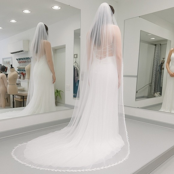 New Bright White Long Ivy Leaf Trim Bridal Veil Wedding Lace Floral Floor 78 in - Picture 3 of 6